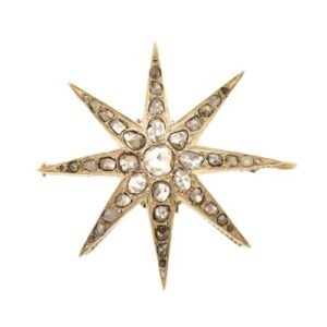 Ciondolo spilla vintage in oro giallo 18 kt a forma di stella a 8 punte con 41 diamanti taglio rosette totale 2,45 ct.