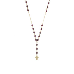 Collana rosario maglia rolo in oro giallo 18kt con 33 granati sfaccettati e finale a croce.